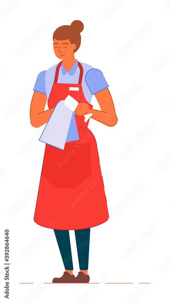 Waitress in apron polishing wine glass isolated on white
