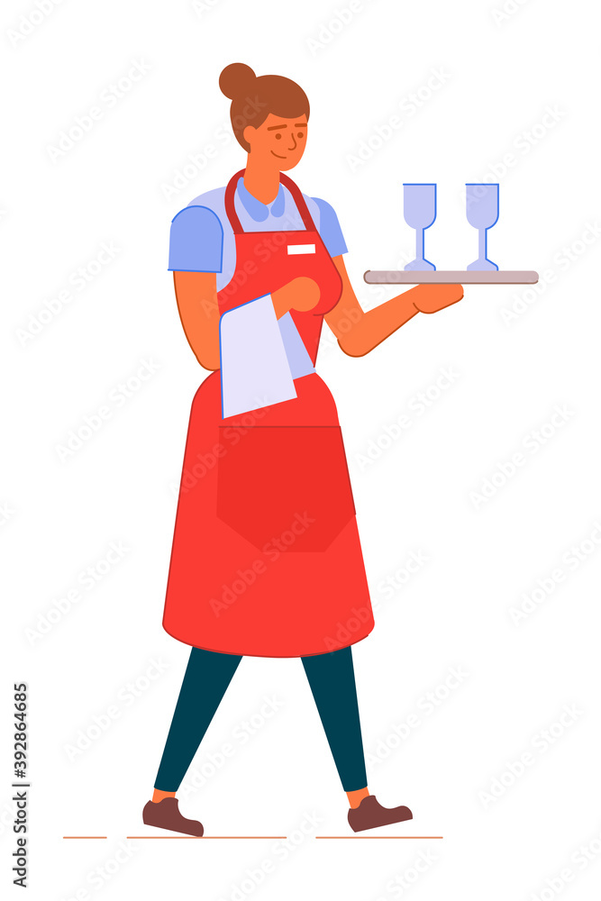 Waitress in apron hold tray with wineglass isolated on white Waitress in apron hold tray with wineglass isolated on white