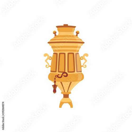 Golden russian samovar for tea brewing flat vector illustration isolated.