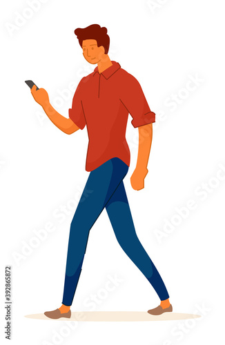 Cellphone addicted young man walking isolated on white