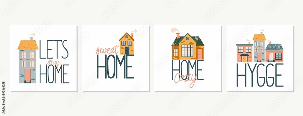 Cartoon Cottage with lettering. Hand drawn home facade with texture and sweet home phrase collection, townhouse and family house in countryside, real estate modern flat vector isolated illustration