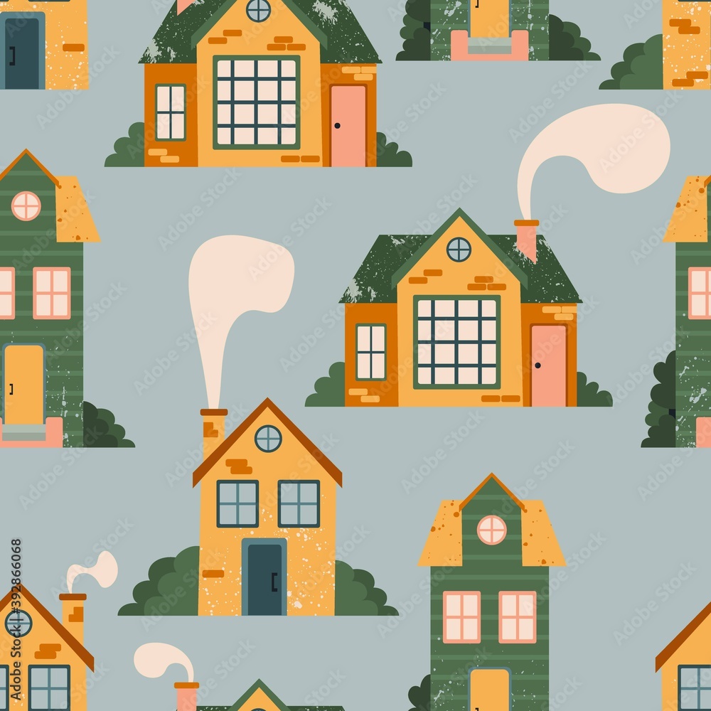 Cartoon Cottage seamless pattern. Hand drawn home facade street, townhouse and family house in countryside, urban fabric decor textile, wrapping paper wallpaper vector texture on blue background