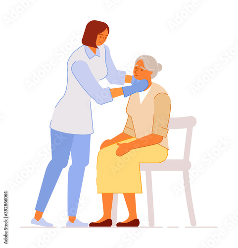 ENT specialist examining senior old patient with sick throat