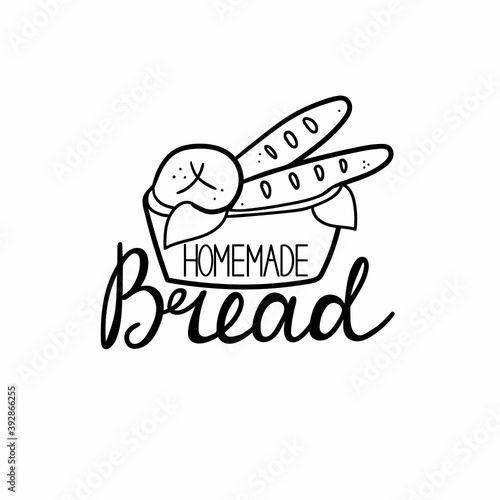 Bread homemade logo. Hand drawn doodle label for bakery food packaging, local product simple stamp, lettering text with black line baguette, pastry emblem vector isolated sticker