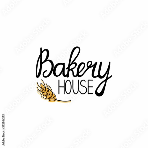 Bakery house. Bread homemade emblem. Hand drawn doodle label for bakery food packaging, local product stamp, lettering with line grain wheat or cereal, pastry logo vector isolated colored sticker