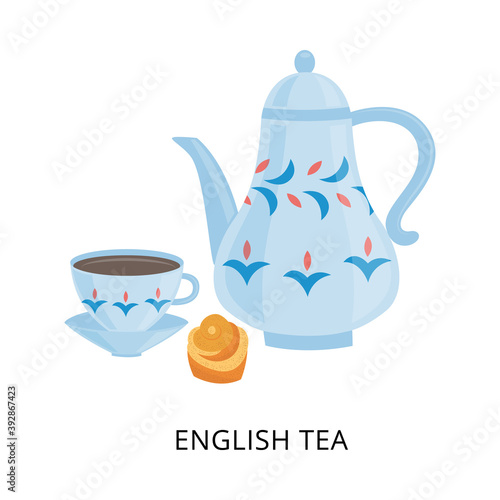 English tea card with porcelain tea set, flat vector illustration isolated.