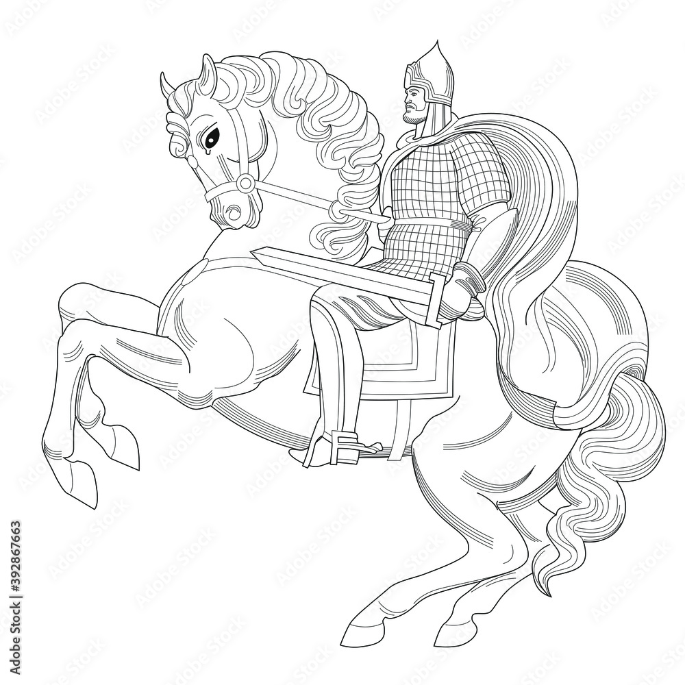 Old Russian knight with armor and helmet on horse. Heraldry. Hand drawn vector illustration isolated on white. For coloring books and pages. Old Russian knight with armor and helmet on horse. Heraldry. Hand drawn vector illustration isolated on white. For coloring books and pages.