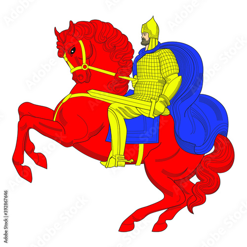 Old Russian knight with  armor and helmet on horse.Heraldry.Hand drawn vector illustration isolated on white.