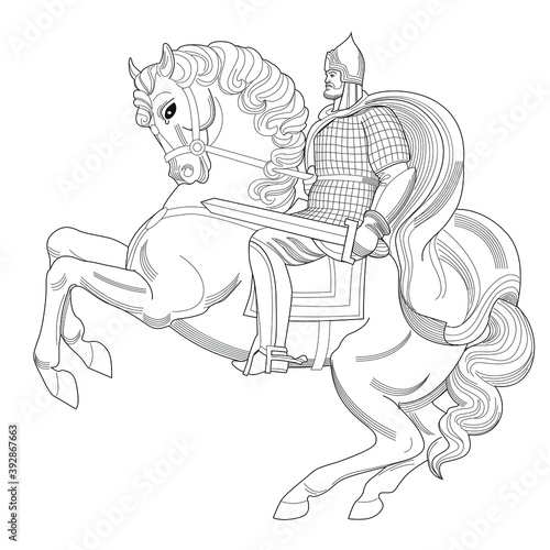 Old Russian knight with  armor and helmet on horse. Heraldry. Hand drawn vector illustration isolated on white. For coloring books and pages.