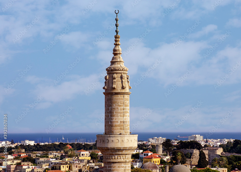 Suleiman Mosque (or Suleymaniye Mosque), the minaret, the Old Town of Rhodes, Rhodes, Greece