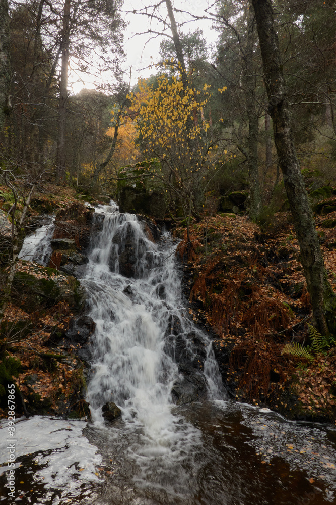 Small waterfalls in the bed of the Sestil de Maíllo stream. Autumn in the Sierra de Guadarrama National Park. Madrid's community. Spain