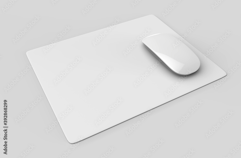 Blank white mouse pad with computer mouse for branding and design presentation. 3d render illustration. Blank white mouse pad with computer mouse for branding and design presentation. 3d render illustration.