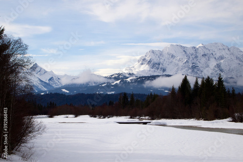 Mountain panorama in wintry landscape, Mittenwald, Germany