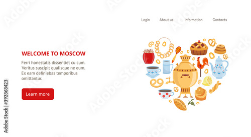 Welcome to Moscow website header with tea utensils flat vector illustration.