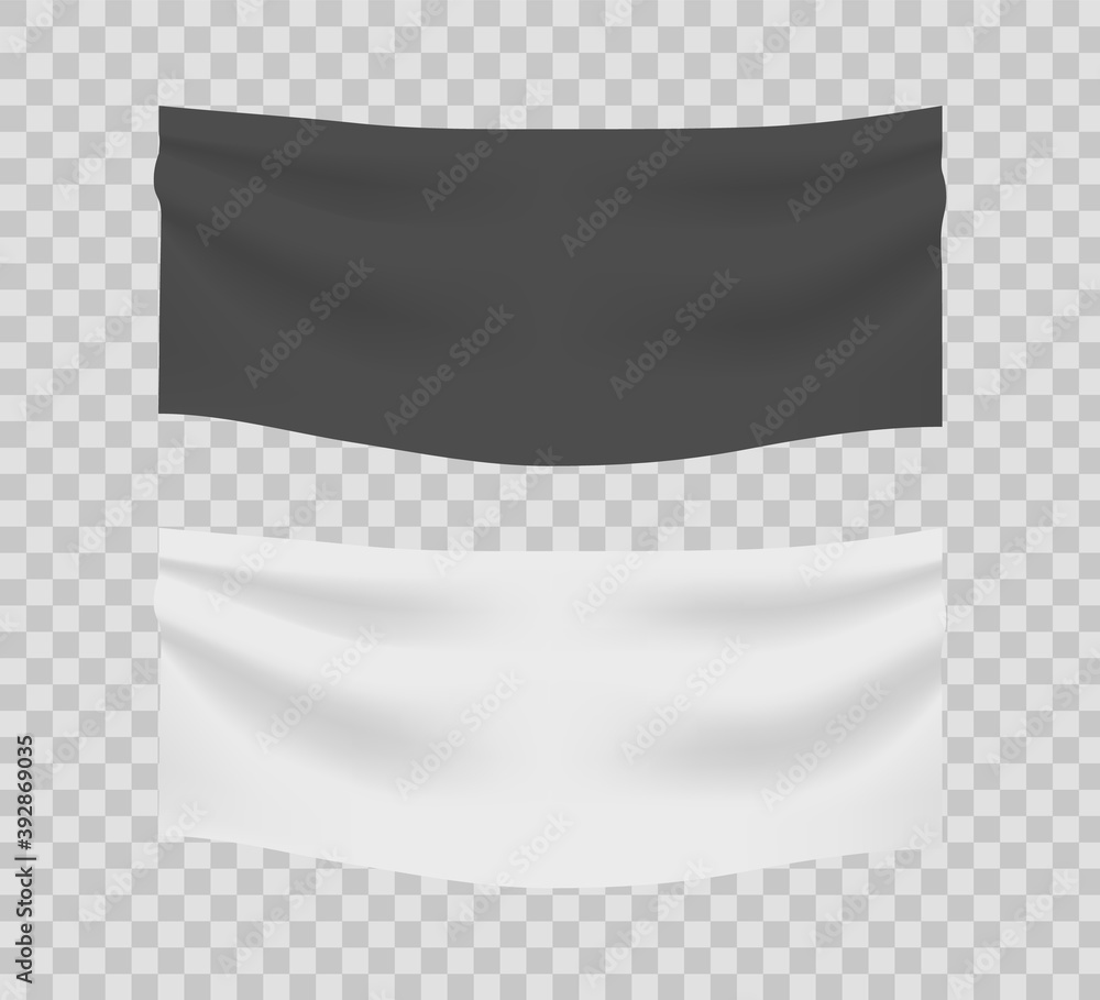 Fototapeta premium White and black textile banner with folds. Fabric empty horizontal blank poster. Vector realistic nylon or vinyl flag mockup.