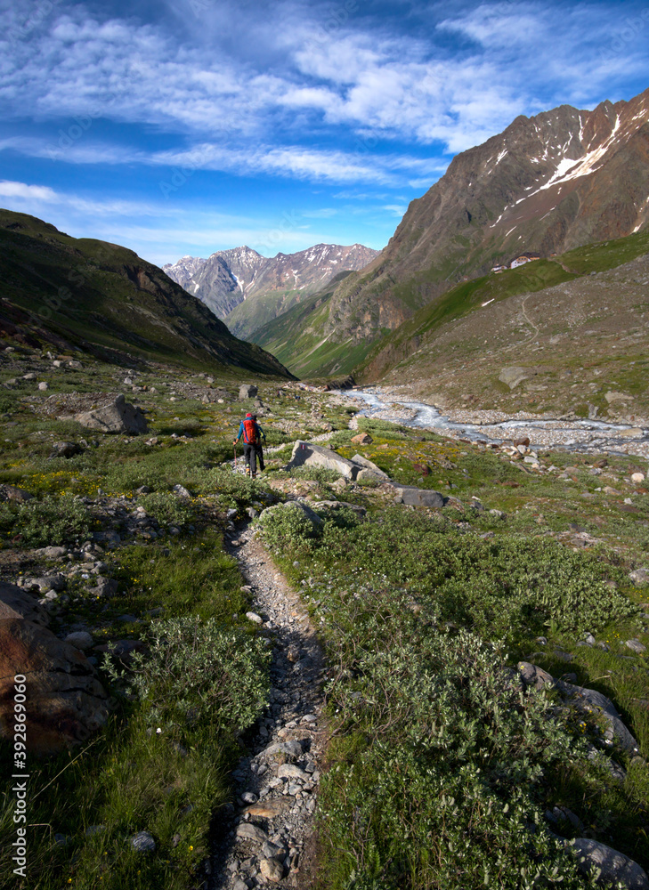 hiker in the pitztal valley in the Austrian Alps hiker in the pitztal valley in the Austrian Alps