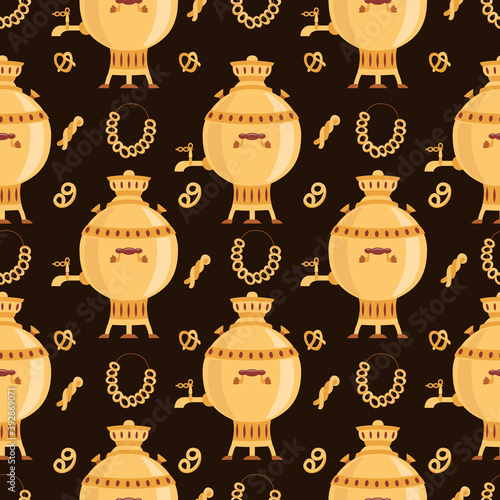 Seamless pattern with gold russian samovar and bagels, flat vector illustration.