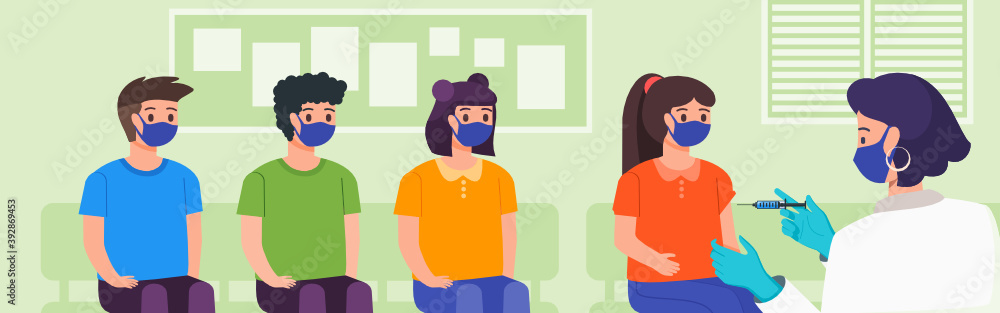 Obraz premium Kids with Face Mask Sitting in Line waiting for Vaccine Injection by Female Doctor in Clinic, Hospital or Public Medical Service. Children Vaccination for Herd Immunity. Healthcare Flat Design Style. 