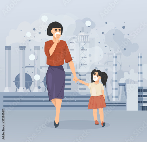 Mom and daughter walk along the dusty, polluted street of industrial city near factories, smoking pipes, industry smoke, smog. Pollution environmental, air pollution city cartoon vector