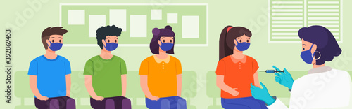 Kids with Face Mask Sitting in Line waiting for Vaccine Injection by Female Doctor in Clinic, Hospital or Public Medical Service. Children Vaccination for Herd Immunity. Healthcare Flat Design Style. 