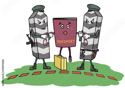 Caricature of customs inspection at the border of the country.