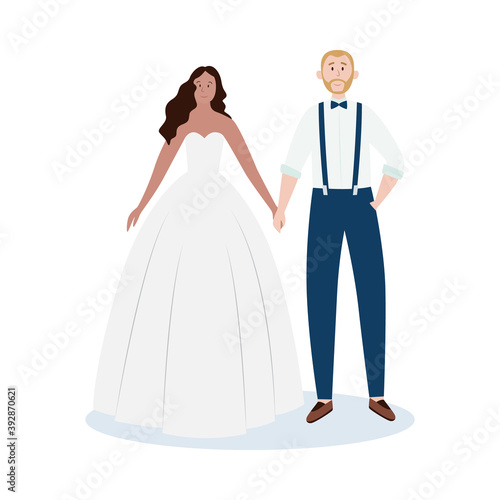Bride in white wedding dress and groom hold hands a vector isolated illustration