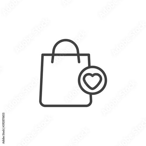 Shopping bag and heart line icon. linear style sign for mobile concept and web design. Favorite shop bag outline vector icon. Symbol, logo illustration. Vector graphics