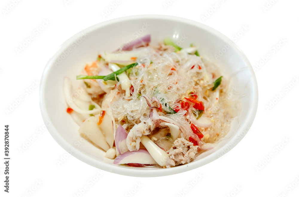 Spicy Glass Noodle Salad with Squid on white plate. Spicy Glass Noodle Salad with Squid on white plate.