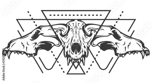 Monochrome composition with sacred geometry forms and wolf or dog skull. Vintage design concept isolated on white background. Modern vector illustration.