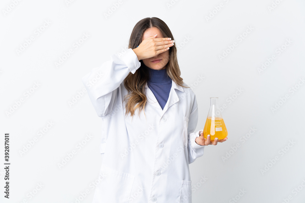 Young Romanian scientific woman isolated on white background covering eyes by hands. Do not want to see something Young Romanian scientific woman isolated on white background covering eyes by hands. Do not want to see something