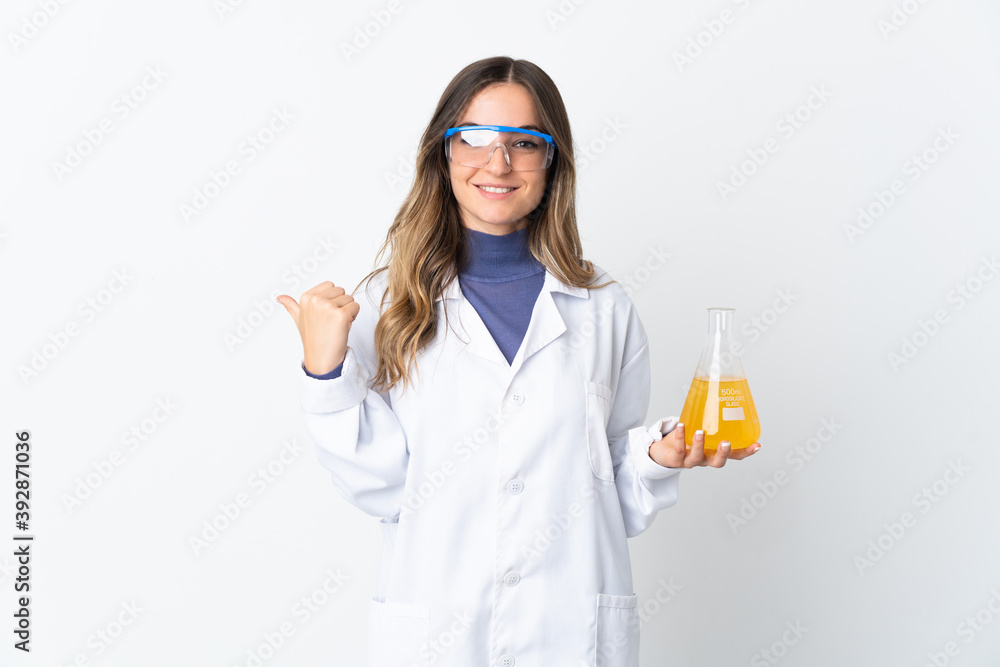 Young Romanian scientific woman isolated on white background pointing to the side to present a product Young Romanian scientific woman isolated on white background pointing to the side to present a product