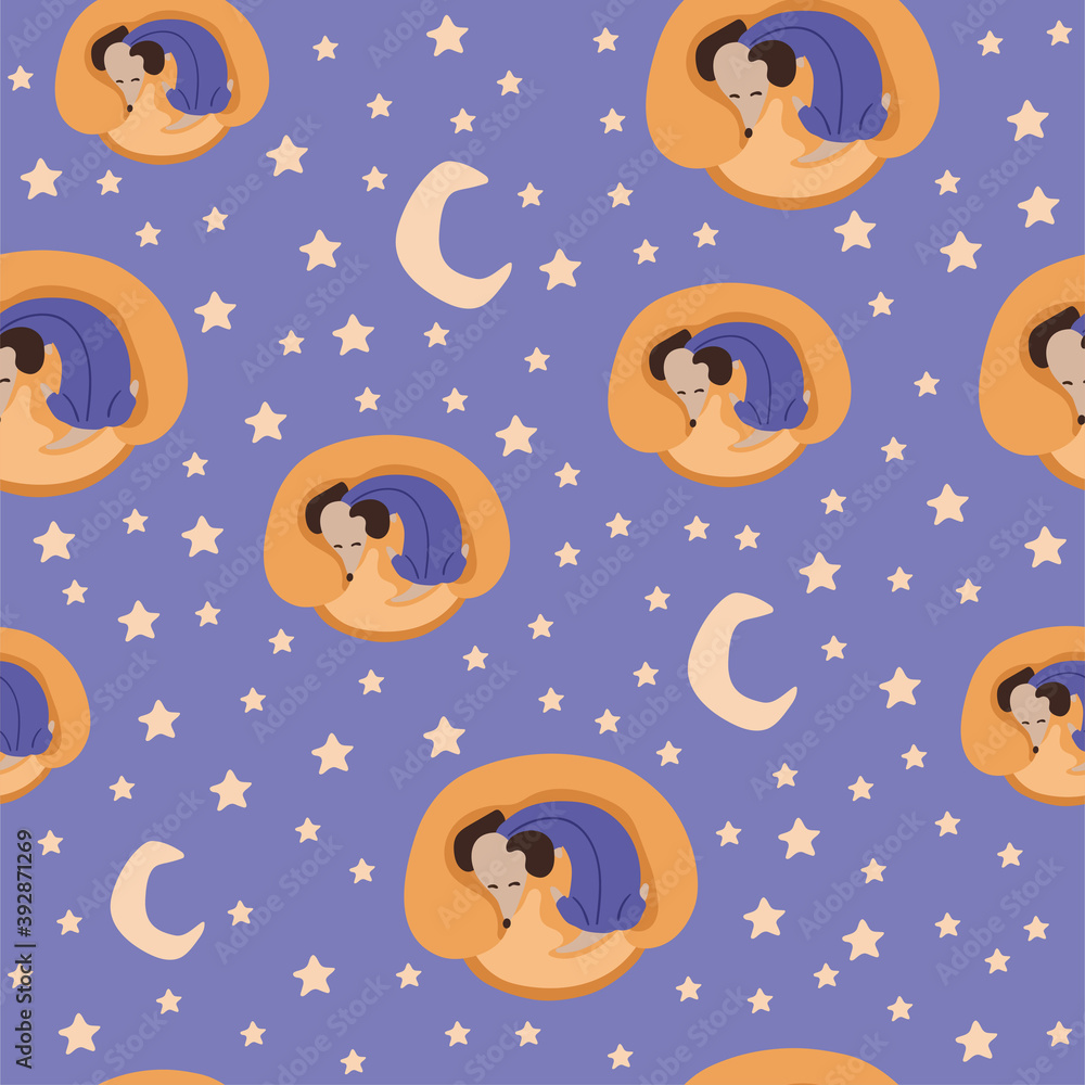 Children's seamless pattern with sleep Dachshund dogs in cartoon style. Cute texture for kids room design, Wallpaper, textiles, wrapping paper, apparel. Vector illustration