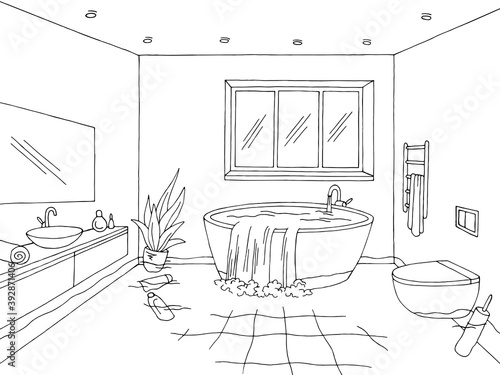 Flood in bathroom graphic home interior black white sketch illustration vector