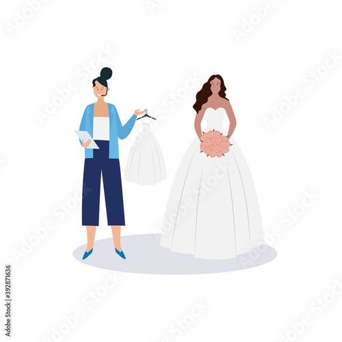 Fototapeta Naklejka Na Ścianę i Meble -  Professional wedding organisator and bride in wedding dress a vector illustration
