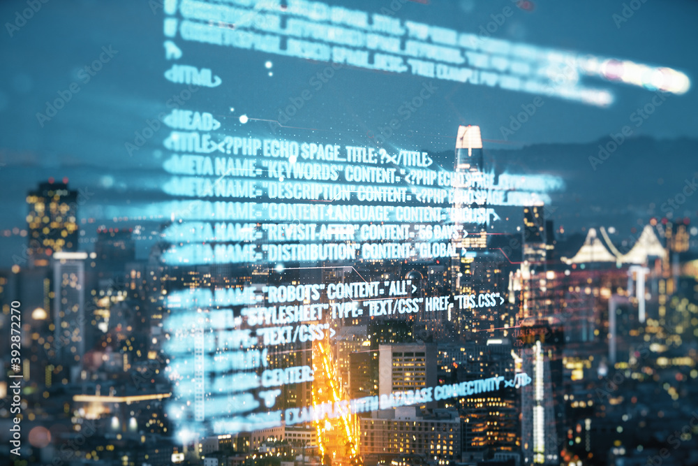 Fototapeta premium Multi exposure of abstract creative coding sketch on San Francisco city skyline background, artificial intelligence and neural networks concept