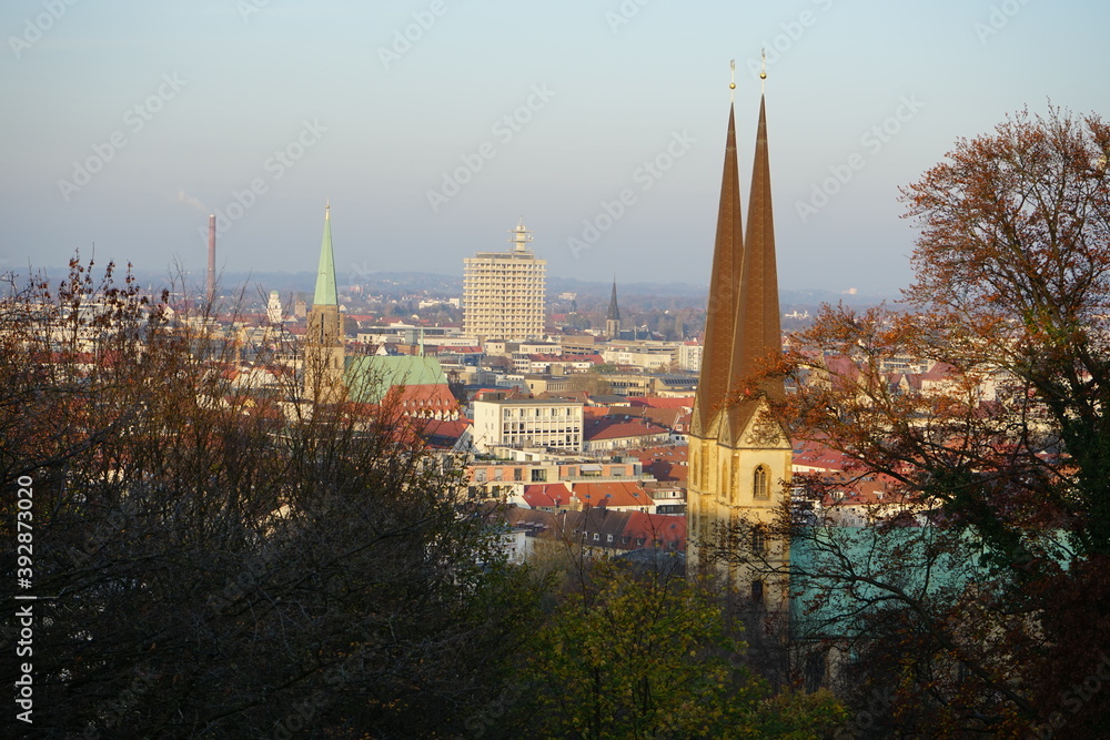 Fototapeta premium Bielefeld from the top,Bielefeld a old The Sparrenburg (actually: Sparrenberg Castle and Fortress, formerly also Sparenburg) is a restored fortress in Bielefeld's Mitte district. 