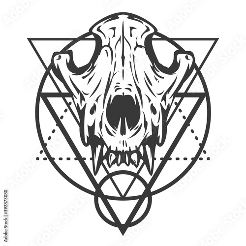 Monochrome composition with sacred geometry forms and wolf or dog skull. Vintage design concept isolated on white background. Modern vector illustration.
