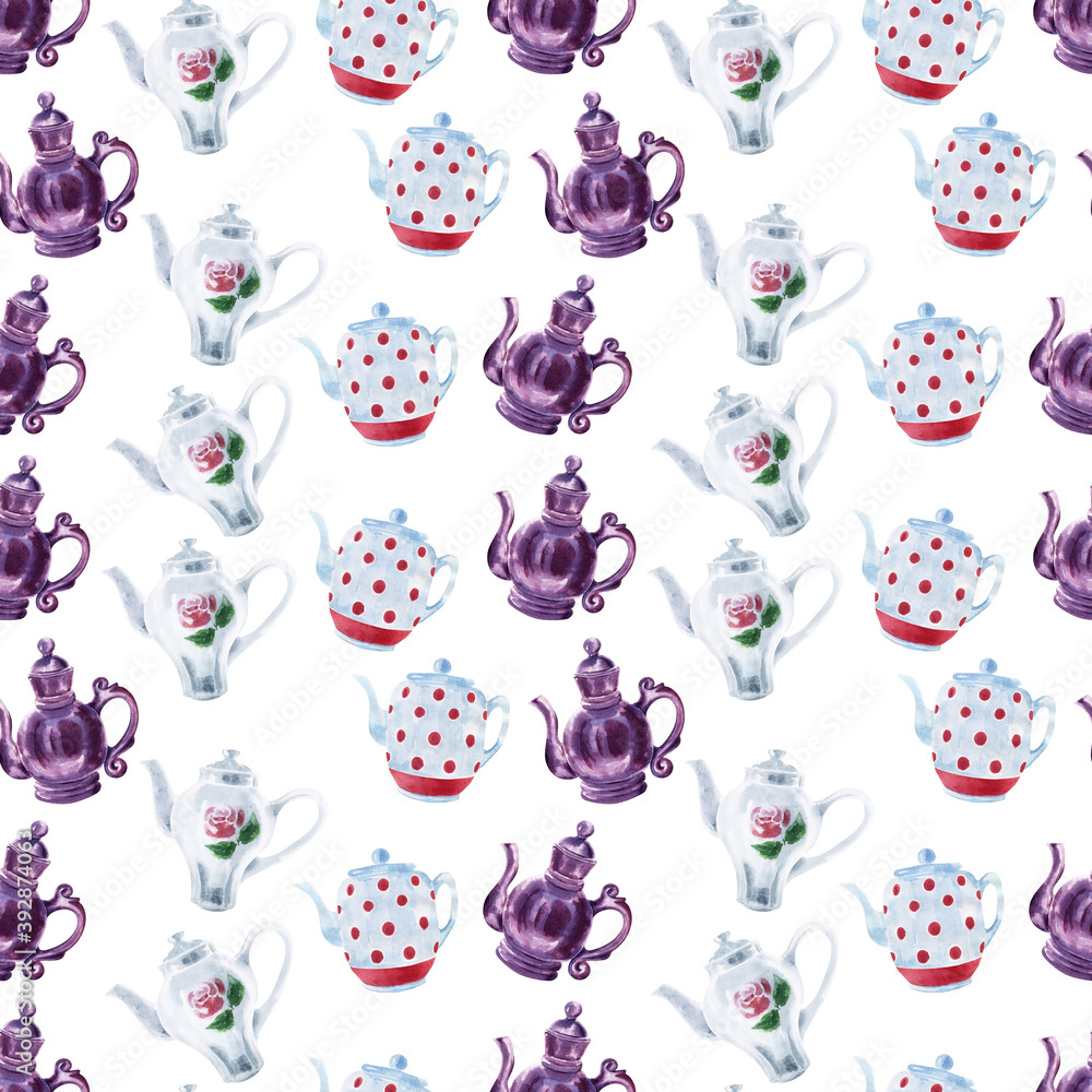 Naklejka premium Watercolor seamless patterns on the theme of tea drinking with colorful teapots, mugs, tea bags, teaspoons