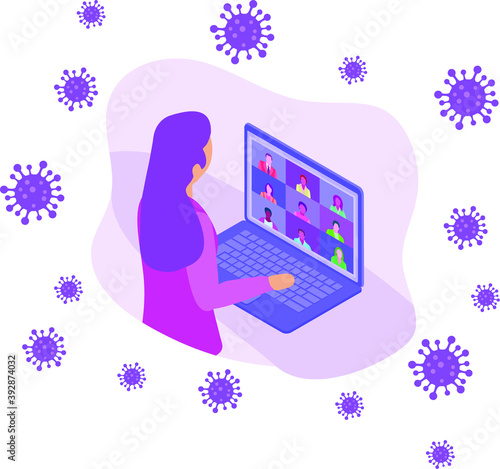 Video conference. People group on computer screen taking with colleague. Video conferencing and online communication vector concept. Illustration of communication screen conference, videoconferencing