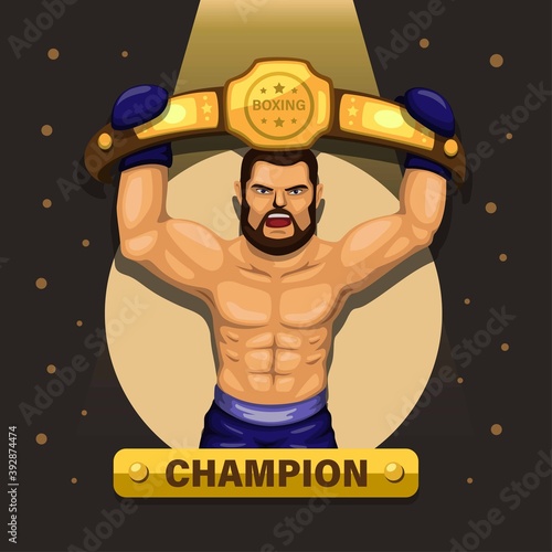 Boxer champion, boxing athlete carrying award belt concept in cartoon illustration vector