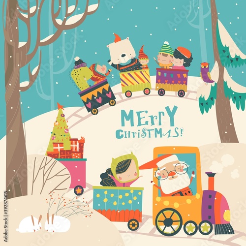 Cheerful Christmas train with Santa, children and animals