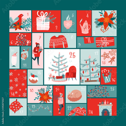 Square Advent calendar with christmas elements. Vector illustration in flat style. Hygge vibrant design.