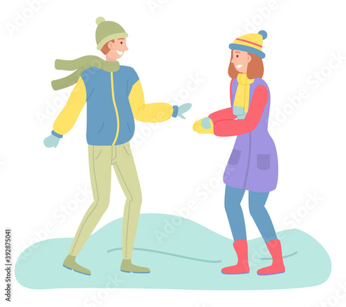 Teenagers or married couple playing snowballs, winter weather. Guy in jacket and scarf, girl in coat, knitted hat, mittens, snow. Family outdoor recreational activities. Flat cartoon characters