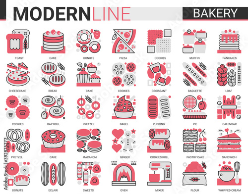Bakery complex concept flat line icons vector set. Sweet food dessert outline pictogram collection with baker chef sugar products and equipment, bread cake pie cookie cheesecake symbols