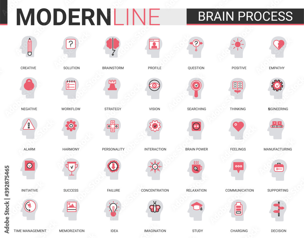 Brain process flat thin red black line icons vector illustration set ...