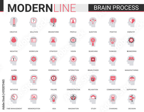 Brain process flat thin red black line icons vector illustration set with human mind processing in learning, brainstorm thinking or searching success idea, empathy and social psychology, creativity