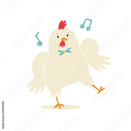 Funny illustration of a dancing chicken in a bow-tie