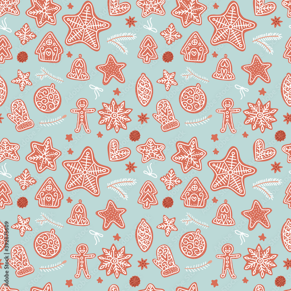 Seamless pattern. Gingerbread Xmas different cookies backdrop on the light blue background. Flat vector illustration.