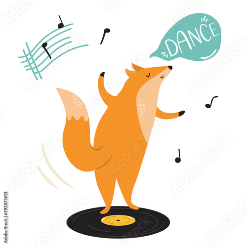 Funny illustration of a fox dancing on vinyl record.