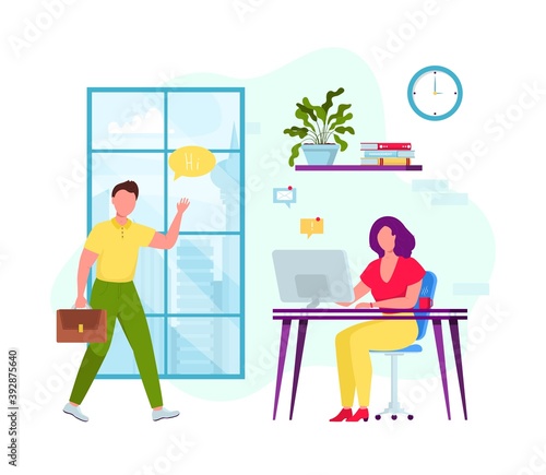 Business office work. Man greeting young girl manager. Colleagues at workplace near big window. Flat design vector illustration. Freelancers coworking creative space. Modern business office interior.
